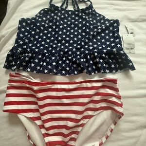Oasis Girls Stars & Stripes Navy Blue, White & Red Tankini Set